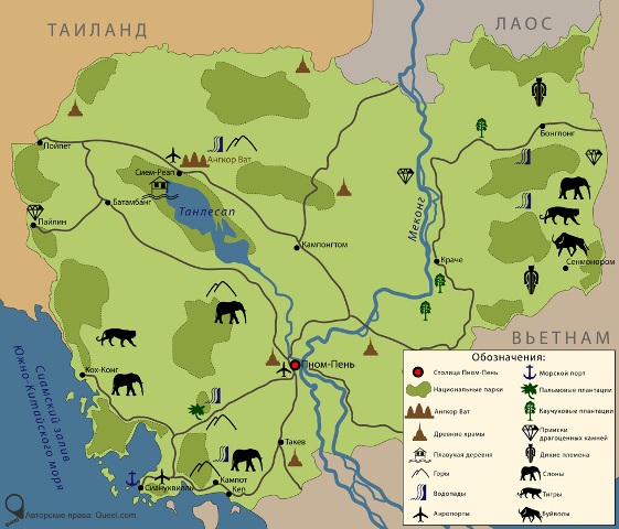 Карта Камбоджи на русском языке с достопримечательностями.