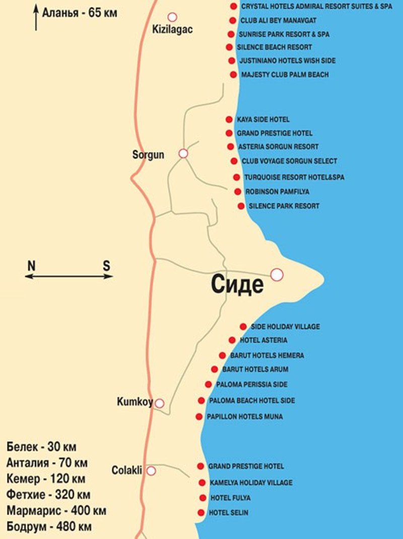 Какие отели рядом. Карта отелей Сиде Турция. Турция Сиде карта побережья. Отели Сиде на карте с названиями. Отели побережья Белек Турция на карте.